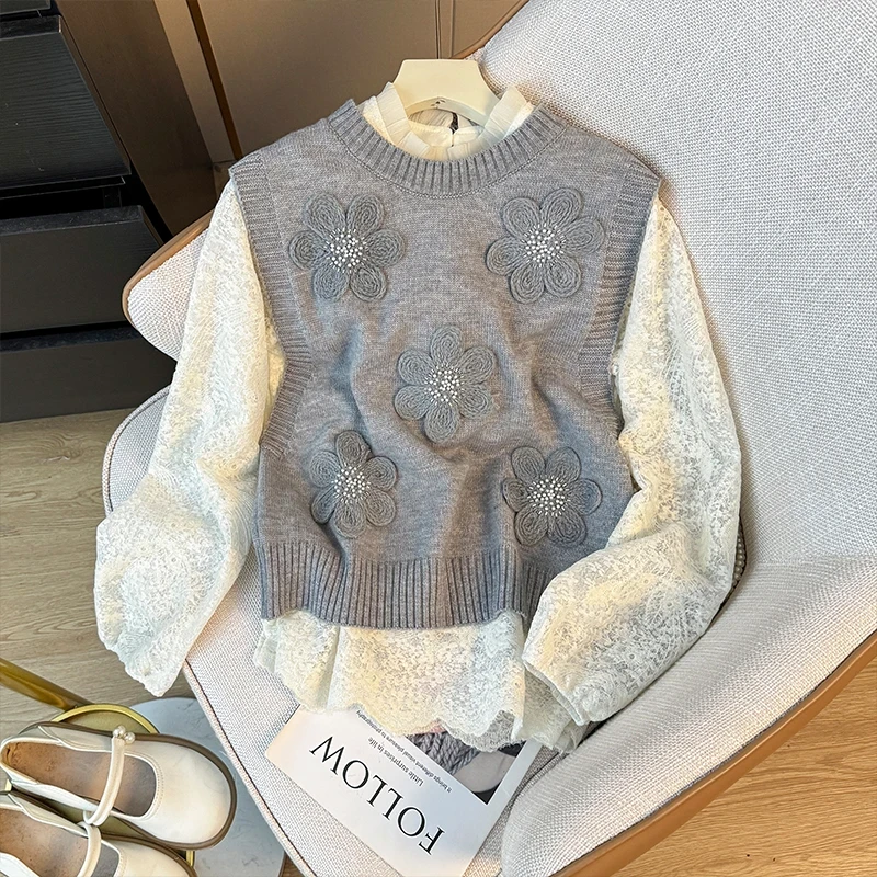 【锦绣花开】2025初春新款针织马甲+衬衫两件套针织衫毛衣Y7200