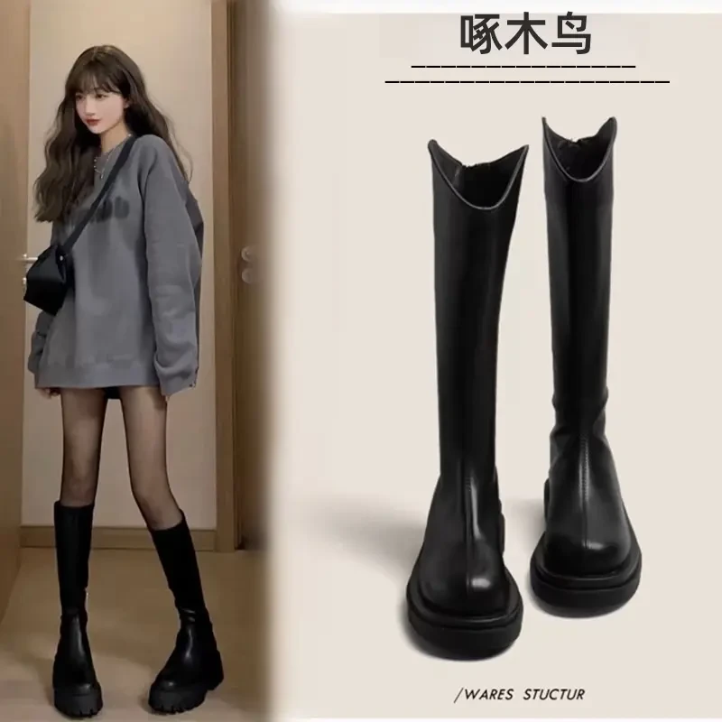 啄木鸟厚底长筒靴女靴冬季加绒保暖胖mm粗腿大筒围显瘦长靴