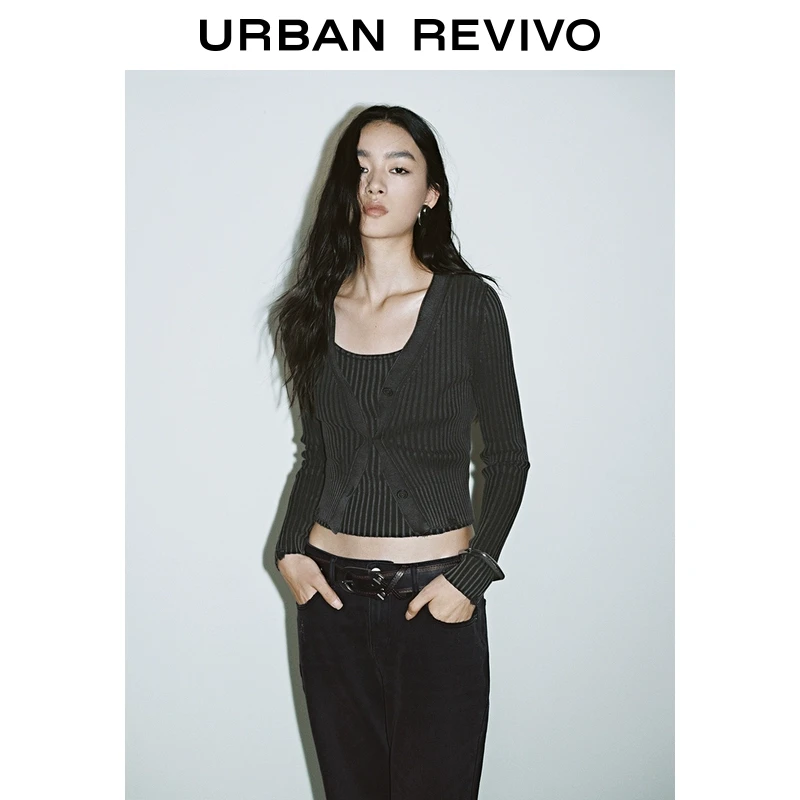 UR2025春季新品女装欧若风休闲肌理感短款V领针织衫UYV950009