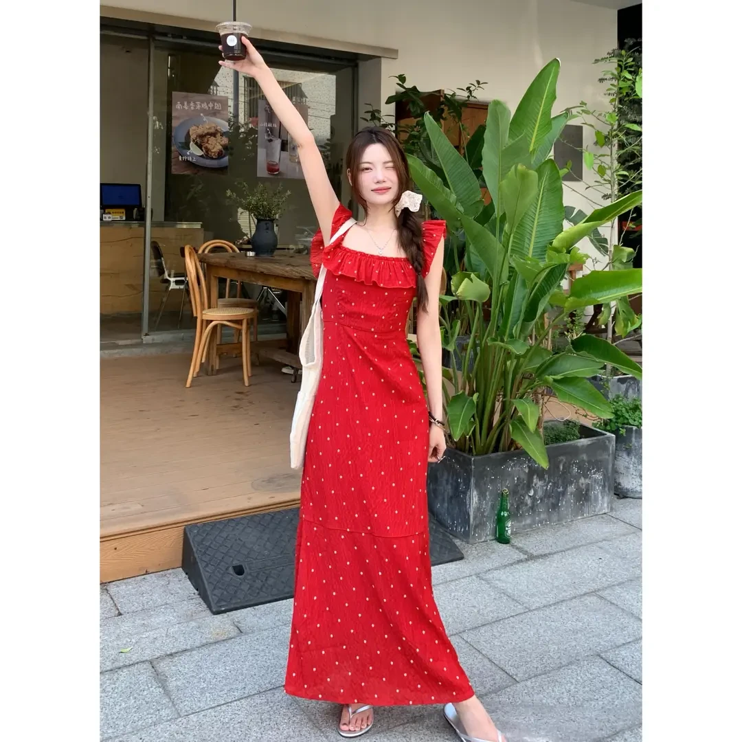 法式气质甜美荷叶边方领波点红色连衣裙女夏季新款收腰鱼尾裙
