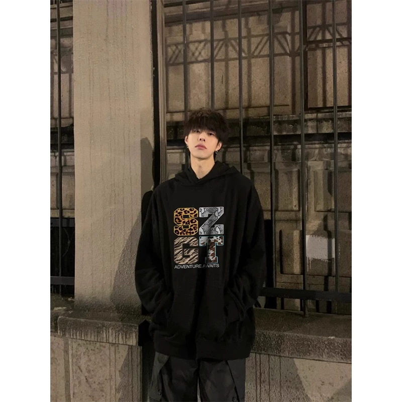 美式重磅潮牌黑色套头连帽衫卫衣男早春设计感民族风复古外套上衣