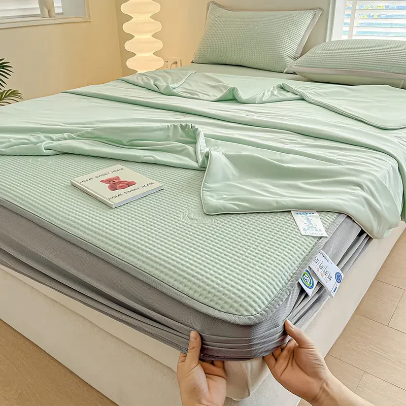 夏季纯色冰豆豆凉感冰丝席床笠款三件套防滑凉席夏被四件套可机洗
