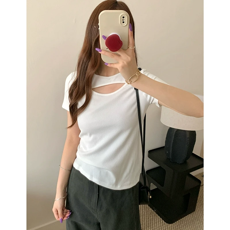 意法夏季镂空假两件短袖T恤正肩短款上衣N3439