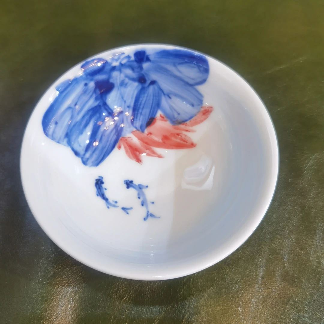 青花釉里红手绘荷花斗笠杯家用高档喝茶主人杯