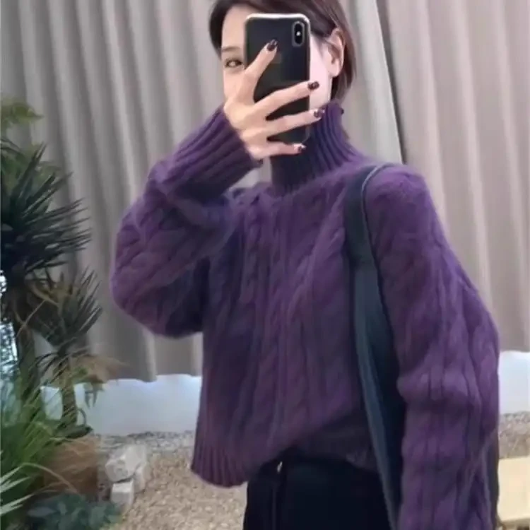 紫色感麻花纹高领针织毛衣女冬季新款复古慵懒风短款加厚上衣