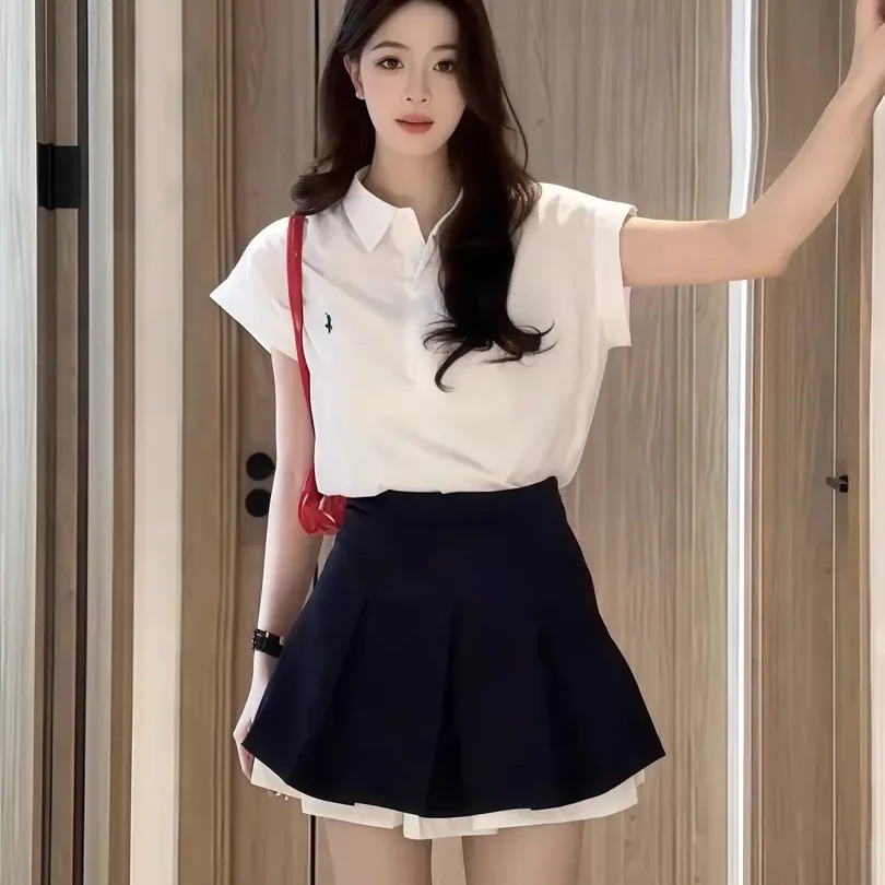 2025夏季韩系学院风泡泡袖珠地棉上衣半身裙女洋气高腰百搭两件套