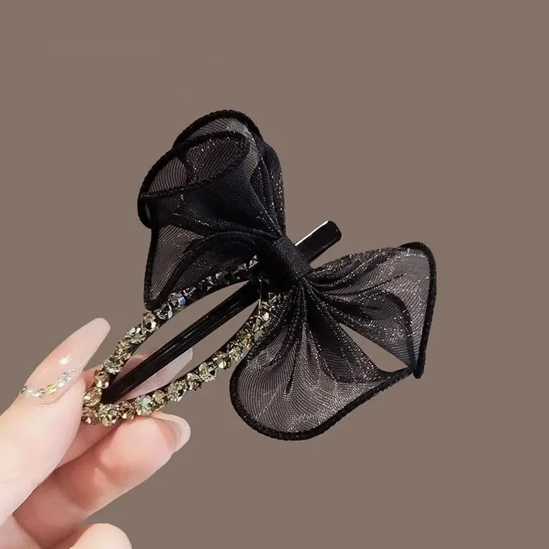 高级感黑色蝴蝶结鸭嘴夹网红时尚泡泡纱发夹洋气刘海夹侧边夹