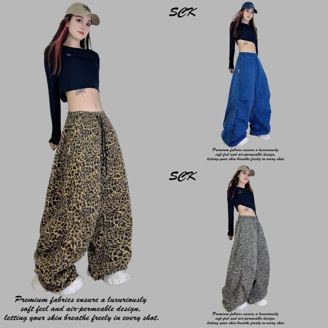 时超康潮牌豹纹休闲裤宽松显瘦嘻哈时尚松紧腰复古直筒长裤女