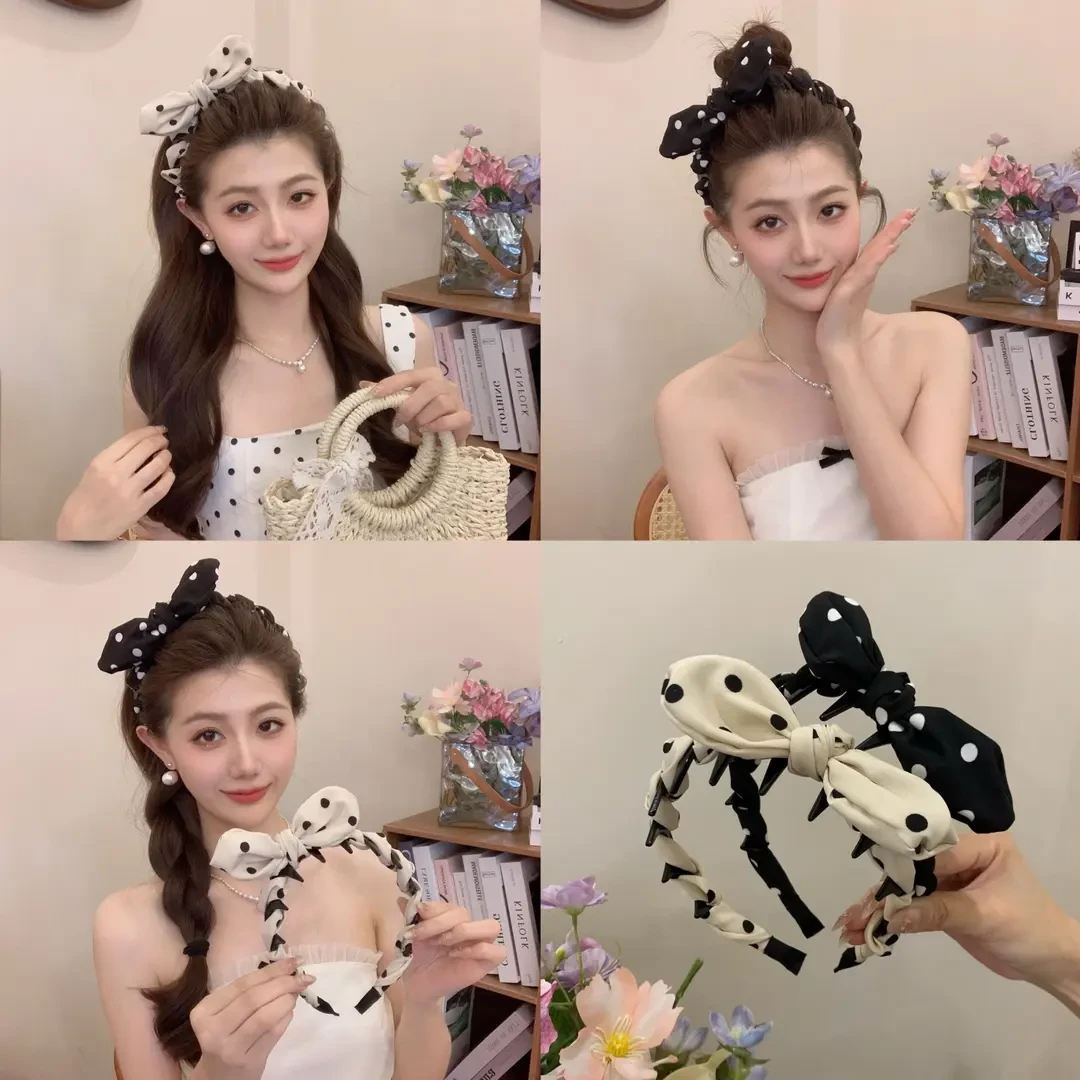 波点硬控新款波点蝴蝶结超立体褶皱波点兔子耳朵齿梳发箍