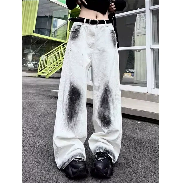 雯雯小超人 泼墨磨破宽松直筒牛仔裤女2025春季新款拖地阔腿裤子
