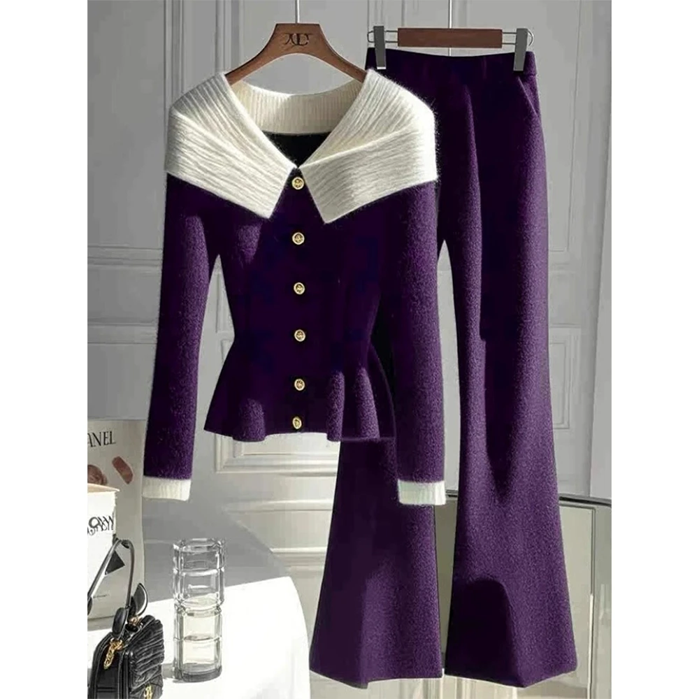 小香风紫色针织套装女秋冬季大码胖mm收腰毛衣裤子高级穿搭一整套