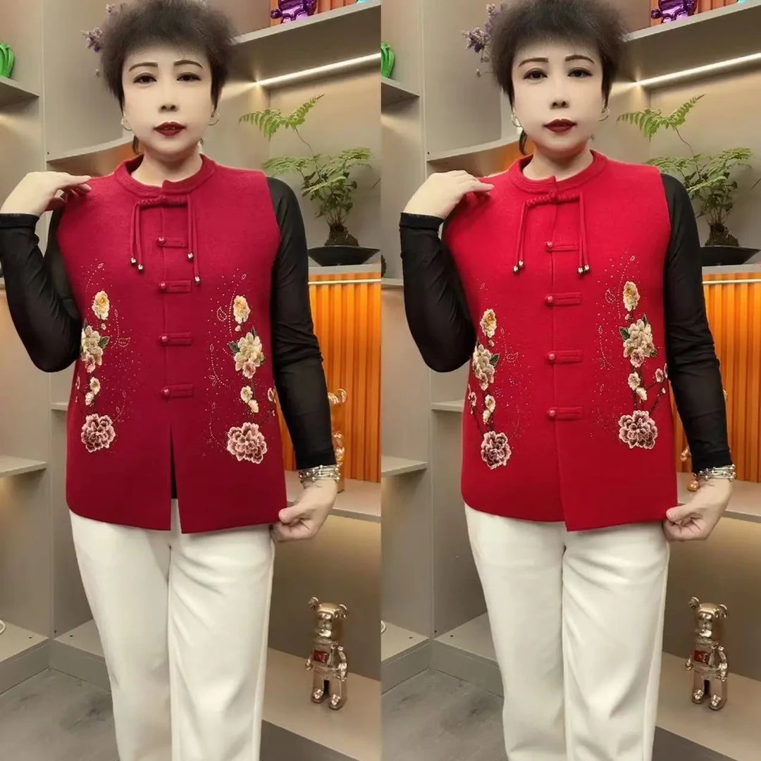 中老年妈妈秋冬红色喜庆针织马甲外套喜婆婆婚宴礼服
