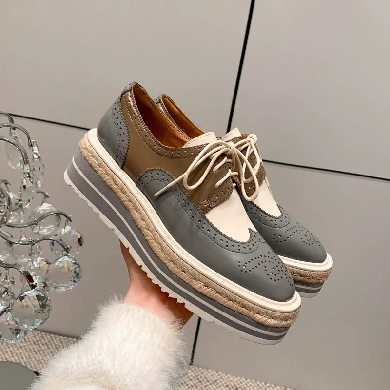 舒适春新款真皮厚底灰色系带乐福鞋女草编坡跟松糕底拼色雕花单鞋