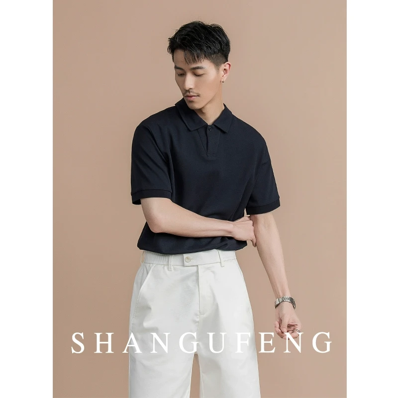 SHANGUFENG夏季双纱棉感短袖polo衫男设计款舒适休闲翻领T恤上衣