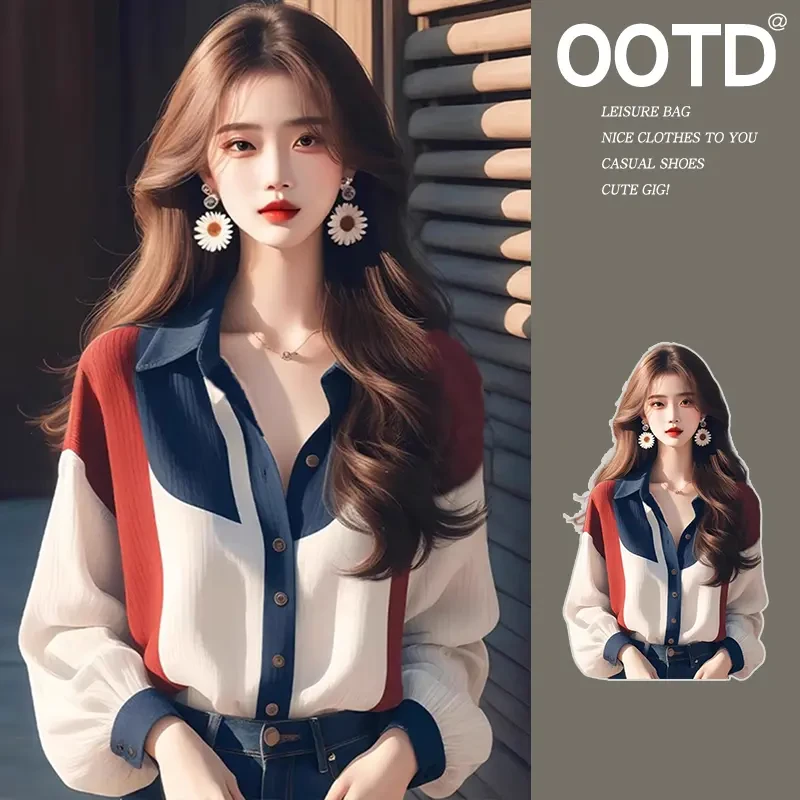 灯笼长袖polo领撞色衬衫女高级设计感小众春秋季独特别致宽松上衣