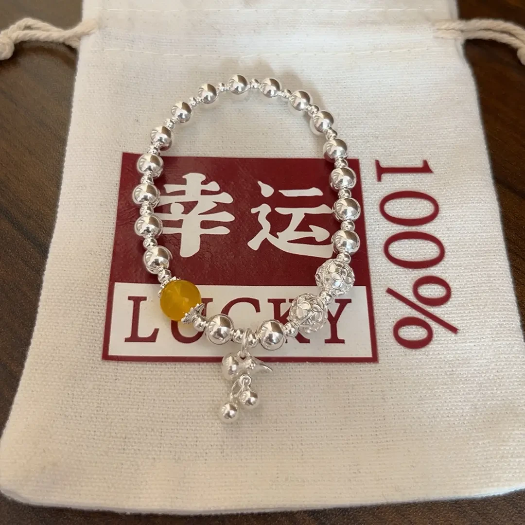 足银仿水晶手链 足银990圆珠葫芦纯银手链女手工串弹力绳手串