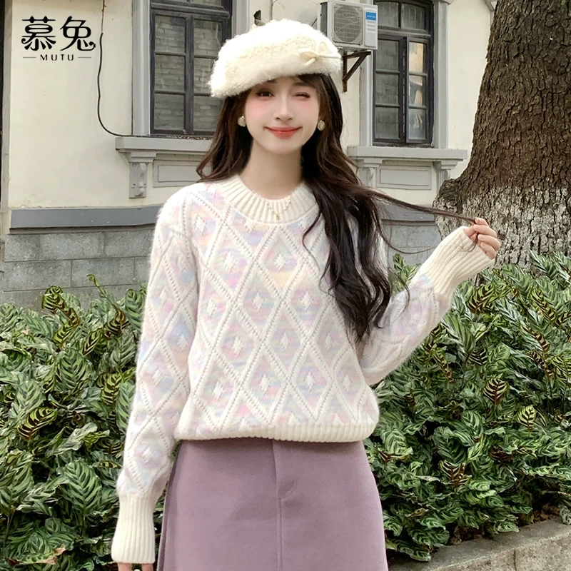 【粉丝专属】TU22028奶呼呼菱格毛衣女软糯宽松套头针织衫上衣