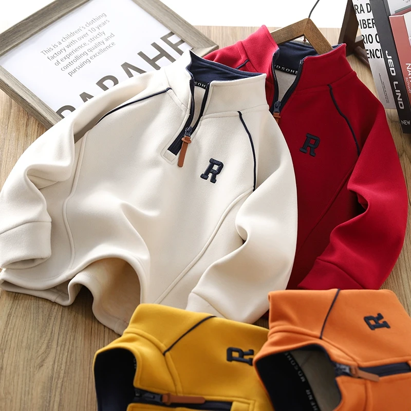 男童加绒卫衣2024冬季新款儿童半拉链保暖上衣加厚防风洋气打底衫