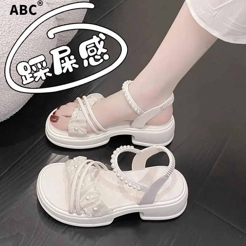 配裙子凉鞋女孩夏季新款2025年百搭厚底凉鞋松紧带软底鞋网红时尚
