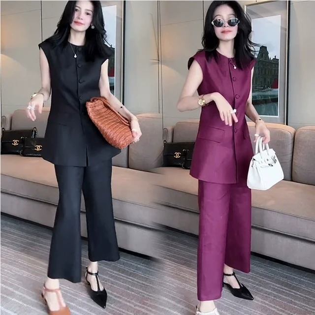 网红高级感休闲时尚套装女2025夏圆领无袖百搭马甲+微喇裤两件套