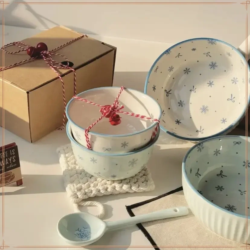初雪可爱雪花陶瓷碗勺釉下彩高颜值餐具米饭碗甜品碗超好看D573