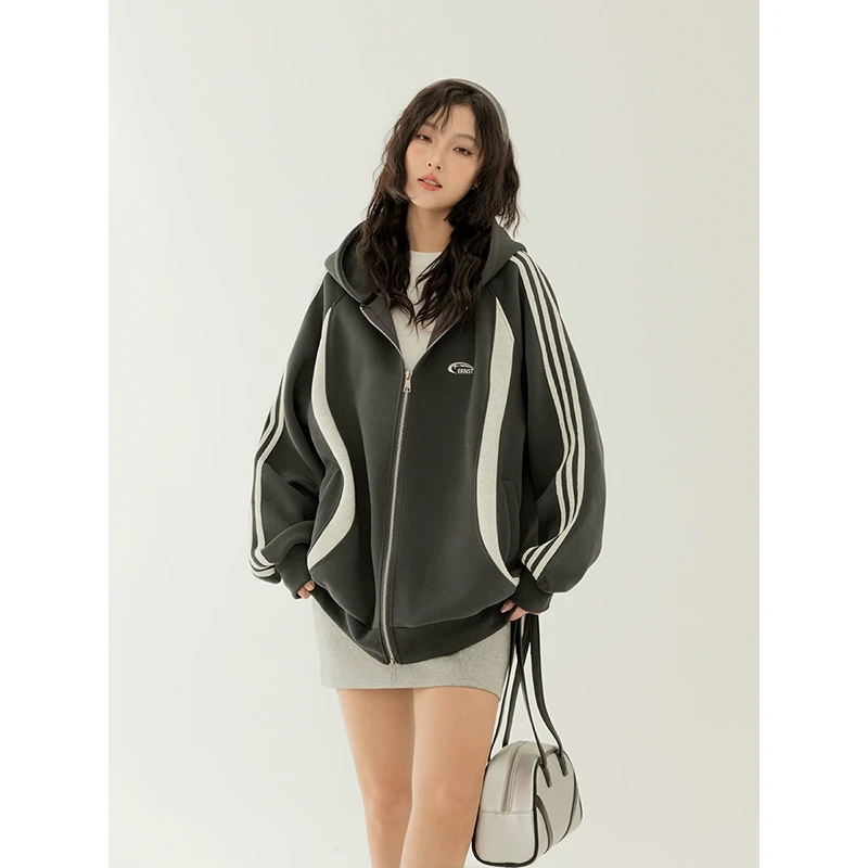 Ernst Tan400G重磅加厚卫衣外套女宽松撞色百搭休闲情侣连帽开衫