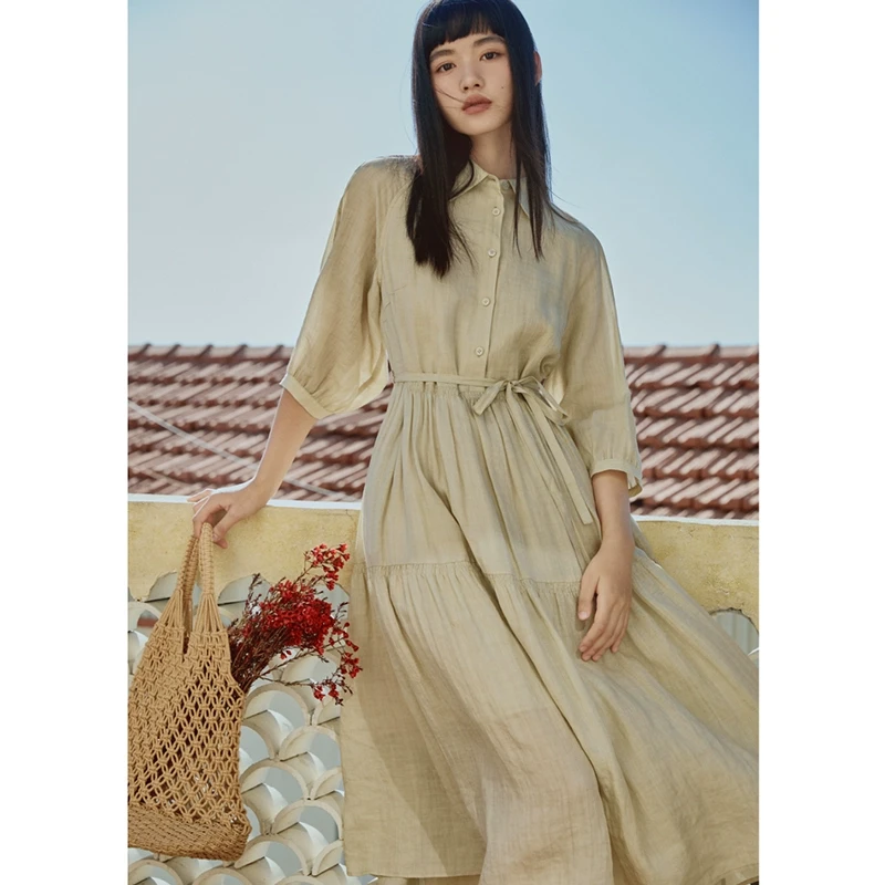 【Fy】百搭纯色收腰显瘦衬衫连衣裙2025春季新款专柜撤柜品牌女装