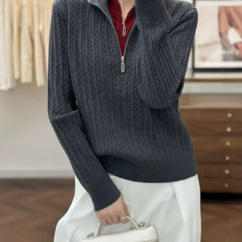 半拉链立领拼色加厚针织上衣休闲百搭