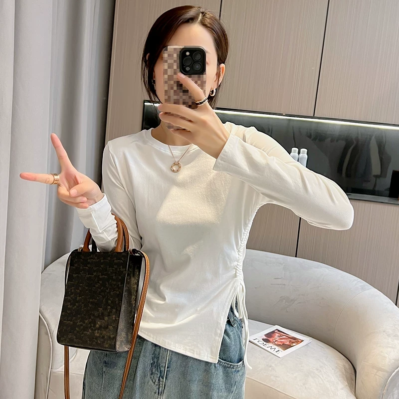 设计感小众抽绳打底衫女内搭秋冬季新款长袖t恤修身短款洋气上衣