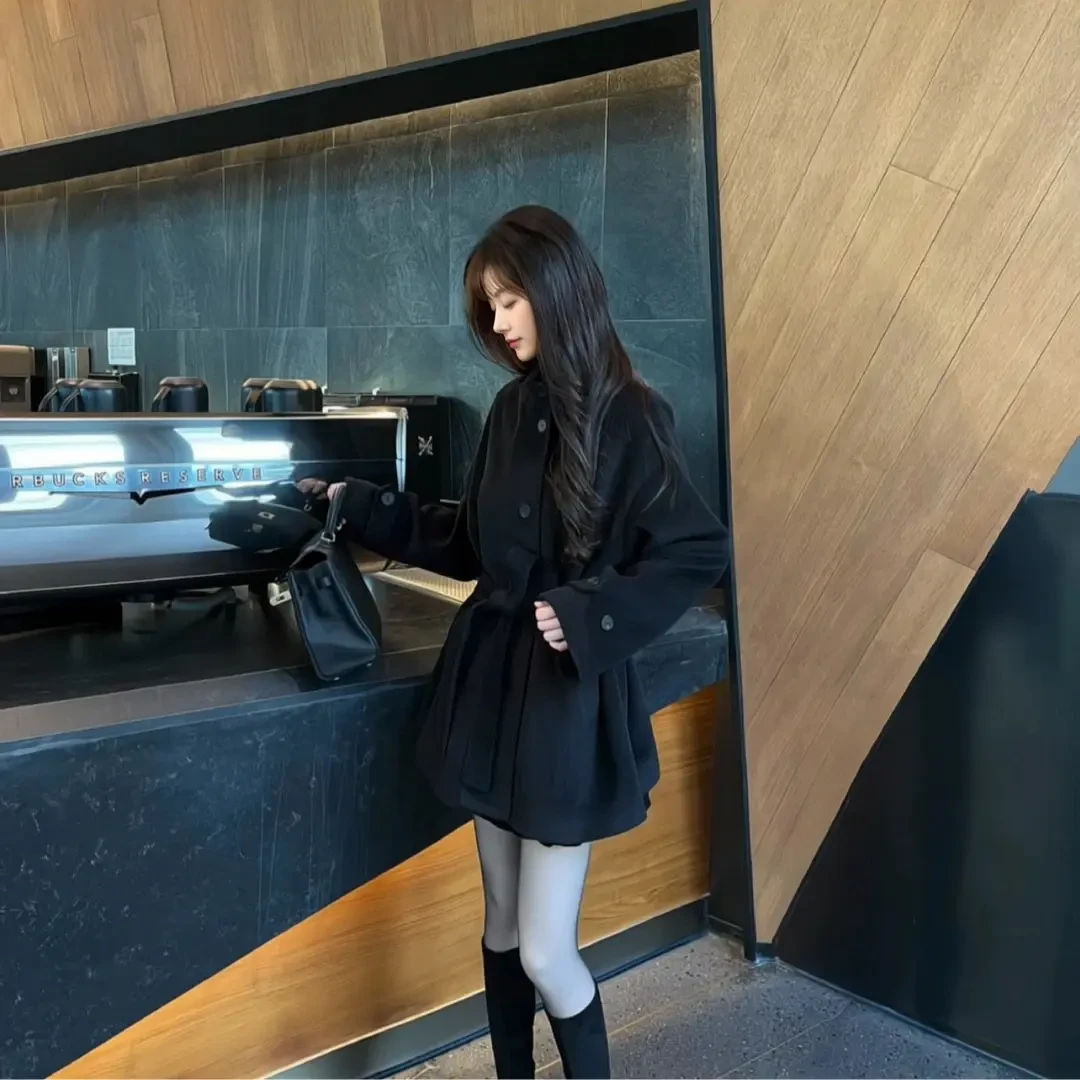 时尚秋冬新款毛呢外套加棉内胆高级感设计款中长款大衣女10045