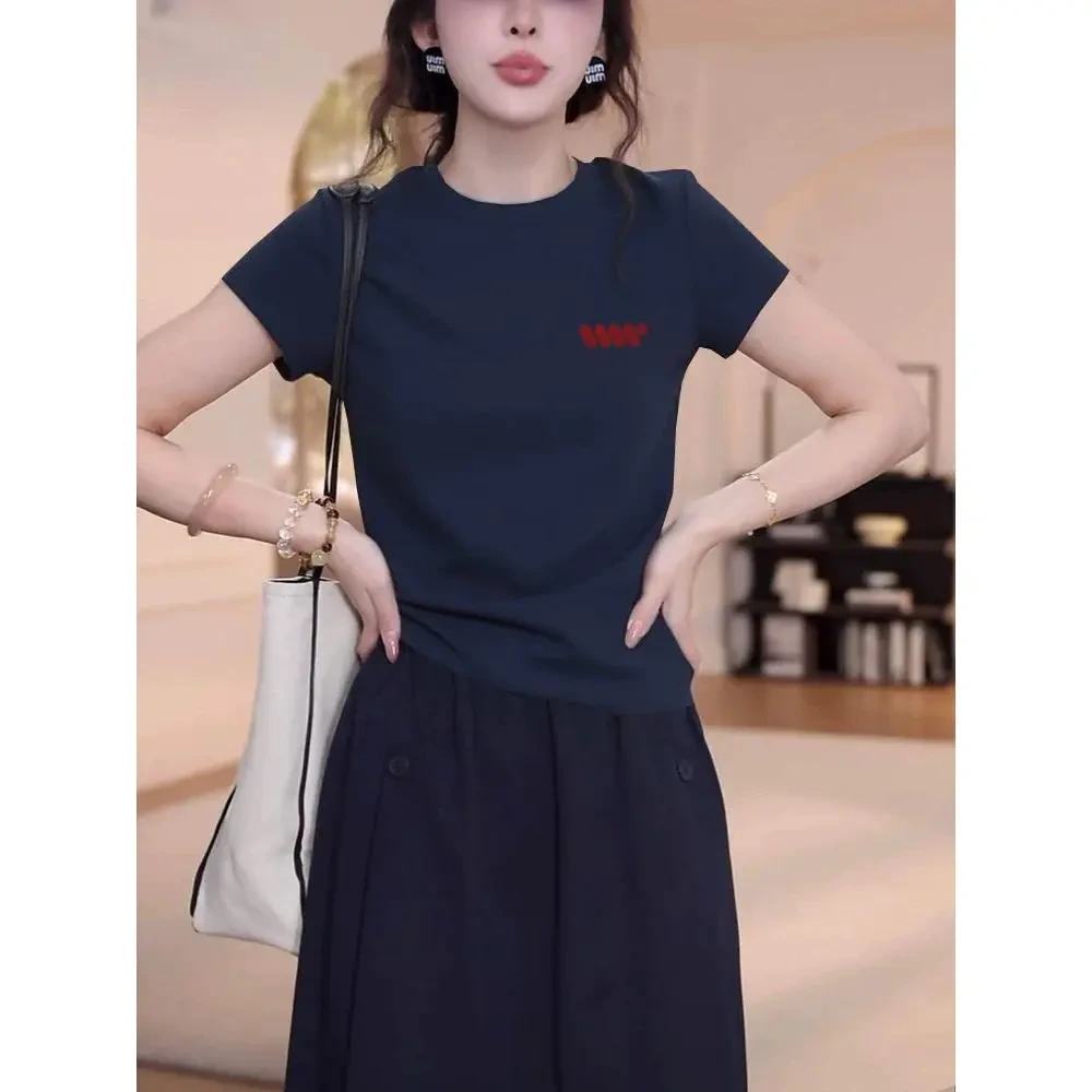 设计感小众正肩圆领短袖t恤女士2025新款修身显瘦藏青色上衣夏季