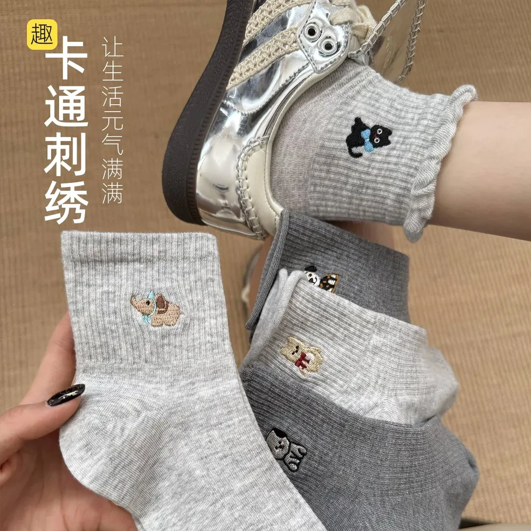 灰色短袜女春夏季可爱纯棉夏季中筒袜ins潮日系小猫刺绣卡通袜子