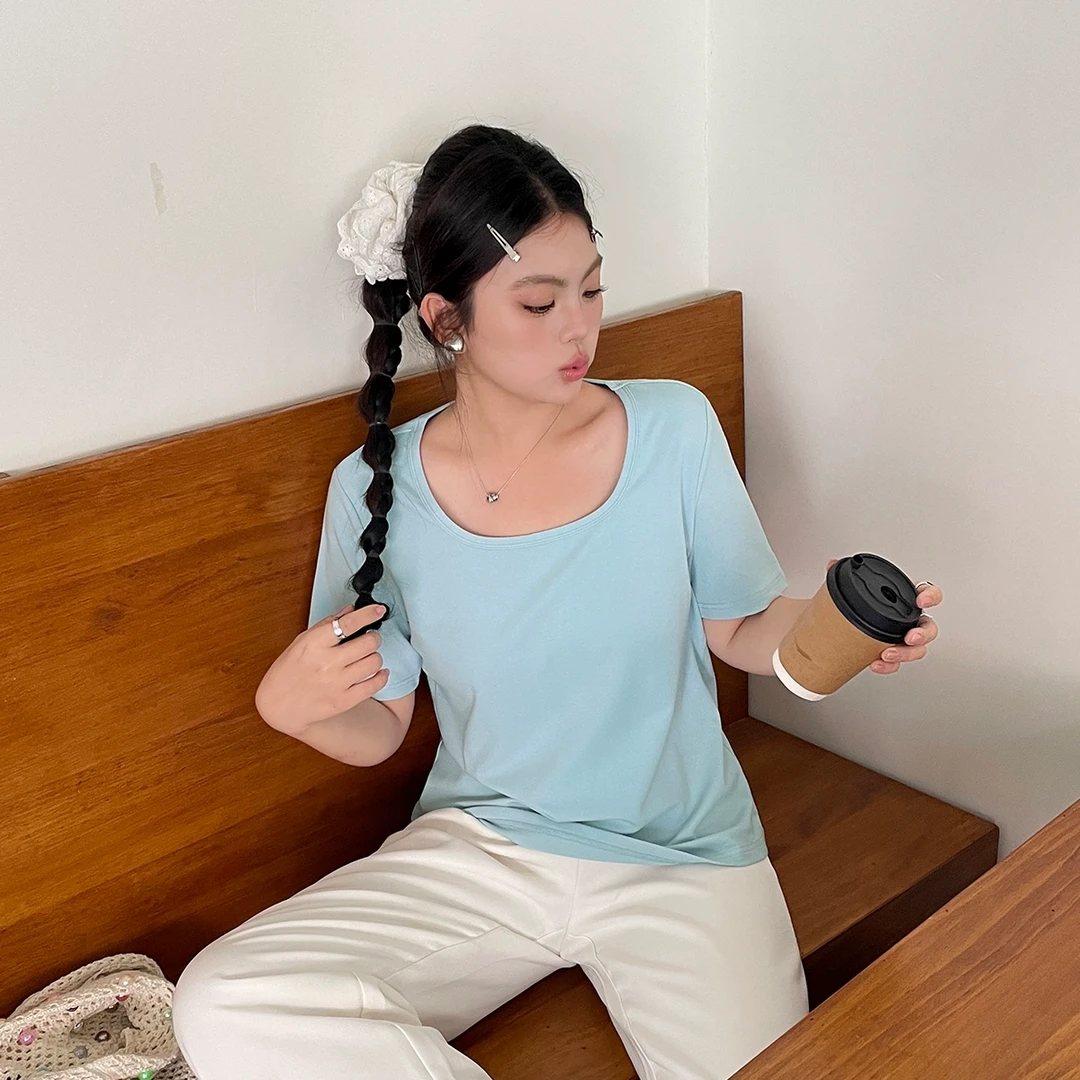 【现现专场】夏季新款正肩显瘦u领短袖t恤大码女装百搭休闲上衣