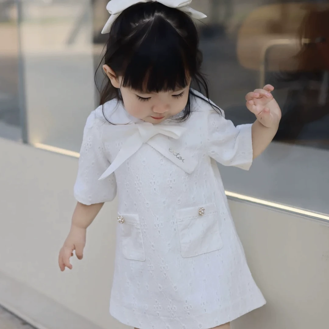 ETTOI童装蕾丝连衣裙白色女童春夏新款百搭翻领蕾丝
