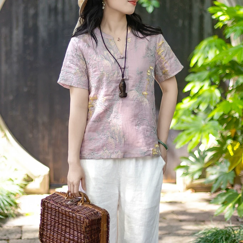 念江南优雅气质高级感短袖新中式衬衫显瘦小V领苎麻刺绣上衣女