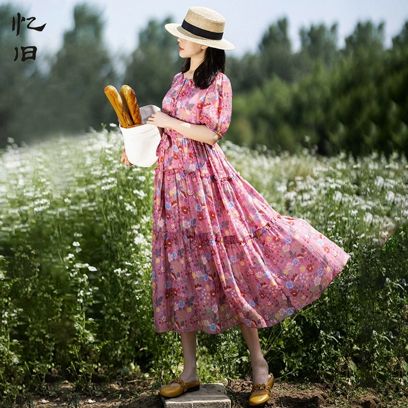 现货2375【花染】印花连衣裙女夏碎花裙圆领气质长裙收腰裙子