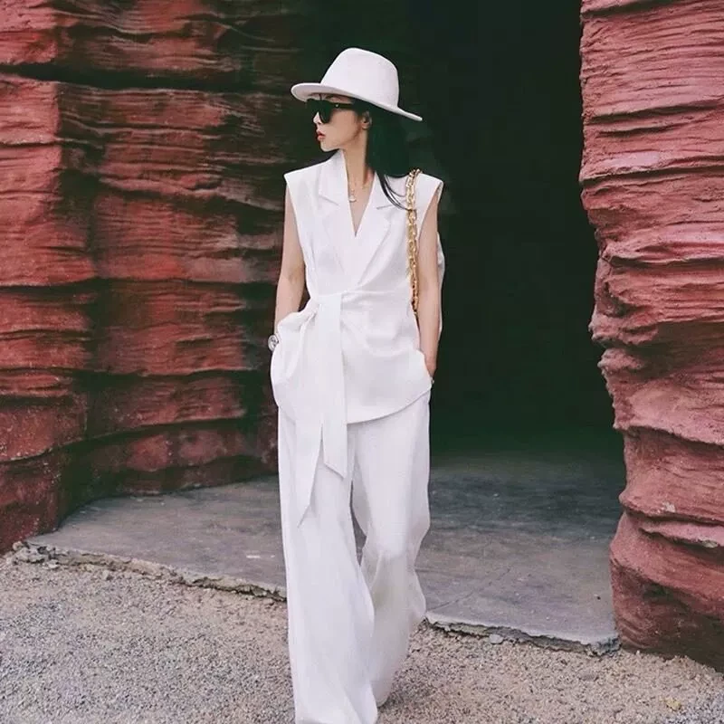 时尚阔腿裤无袖西装马甲套装女高级感夏季薄款洋气系带上衣两件套