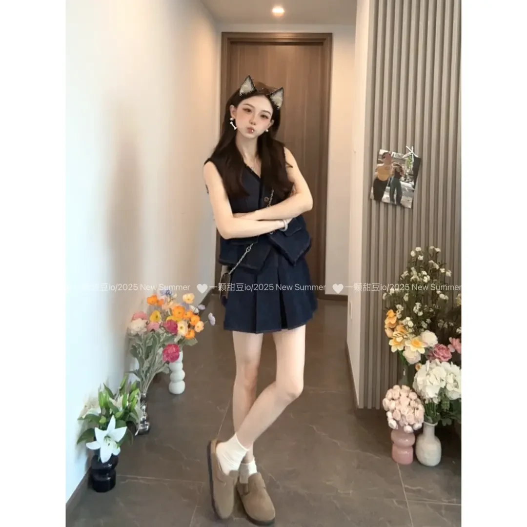 2025年爆款牛仔马甲+短裙套装夏季穿搭一整套网红爆款百褶裙922#