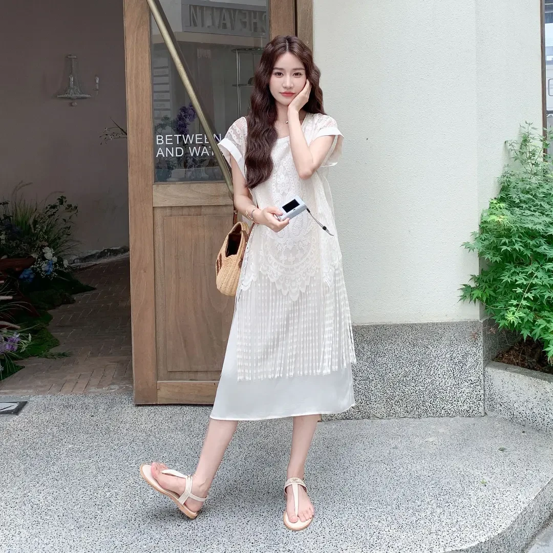 超好看独特漂亮裙子女夏新款ootd穿搭高级感假两件流苏拼接连衣裙