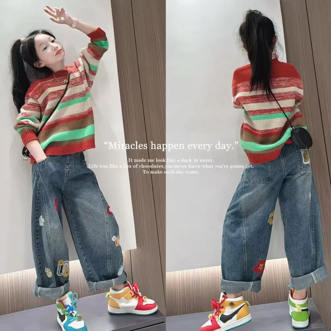 女童秋装2025新款洋气中大童秋季针织衫儿童女孩超好看条纹上衣潮