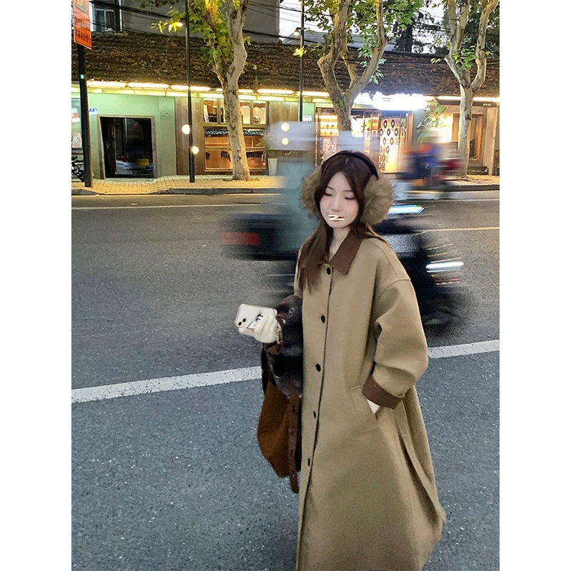 【断舍离】乌77英伦风撞色翻领毛呢大衣女高级感宽松过膝长款外套