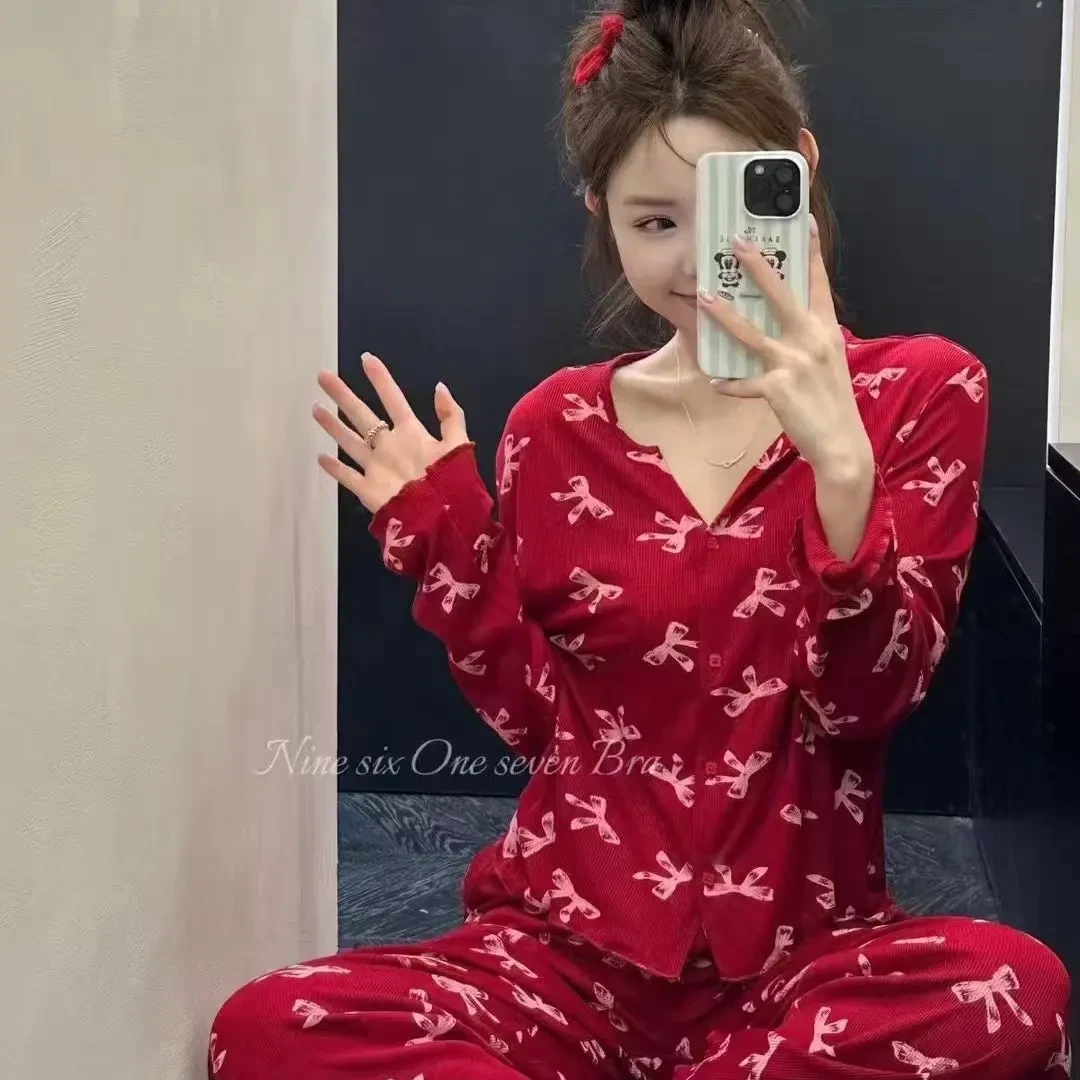 红色长袖长裤女士春秋季高级感喜庆新年圣诞节家居服套装
