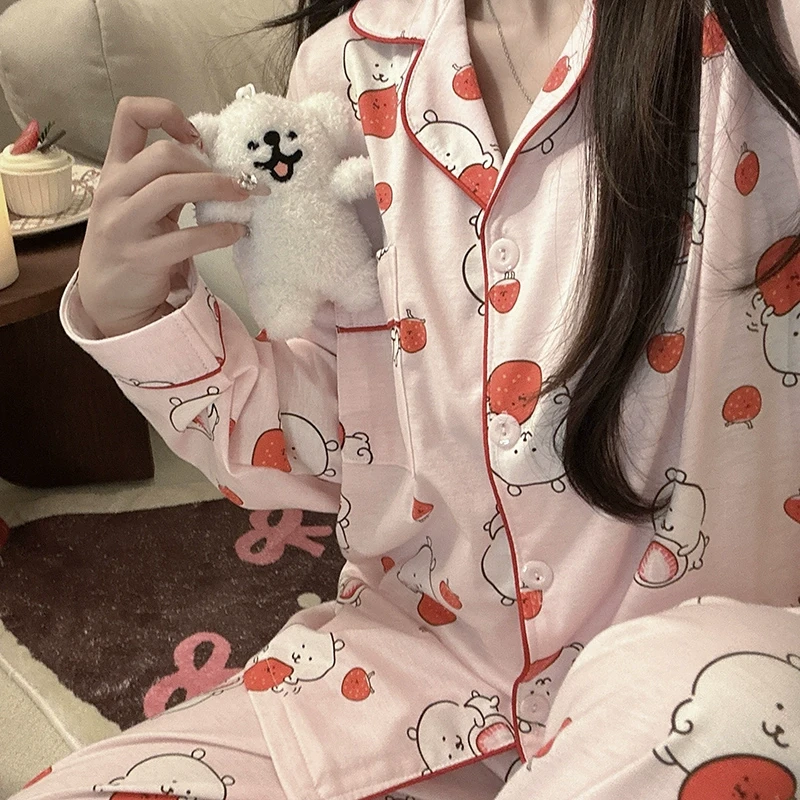 草莓呆呆熊睡衣女长袖长裤开衫春秋季纯棉卡通可爱家居服两件套