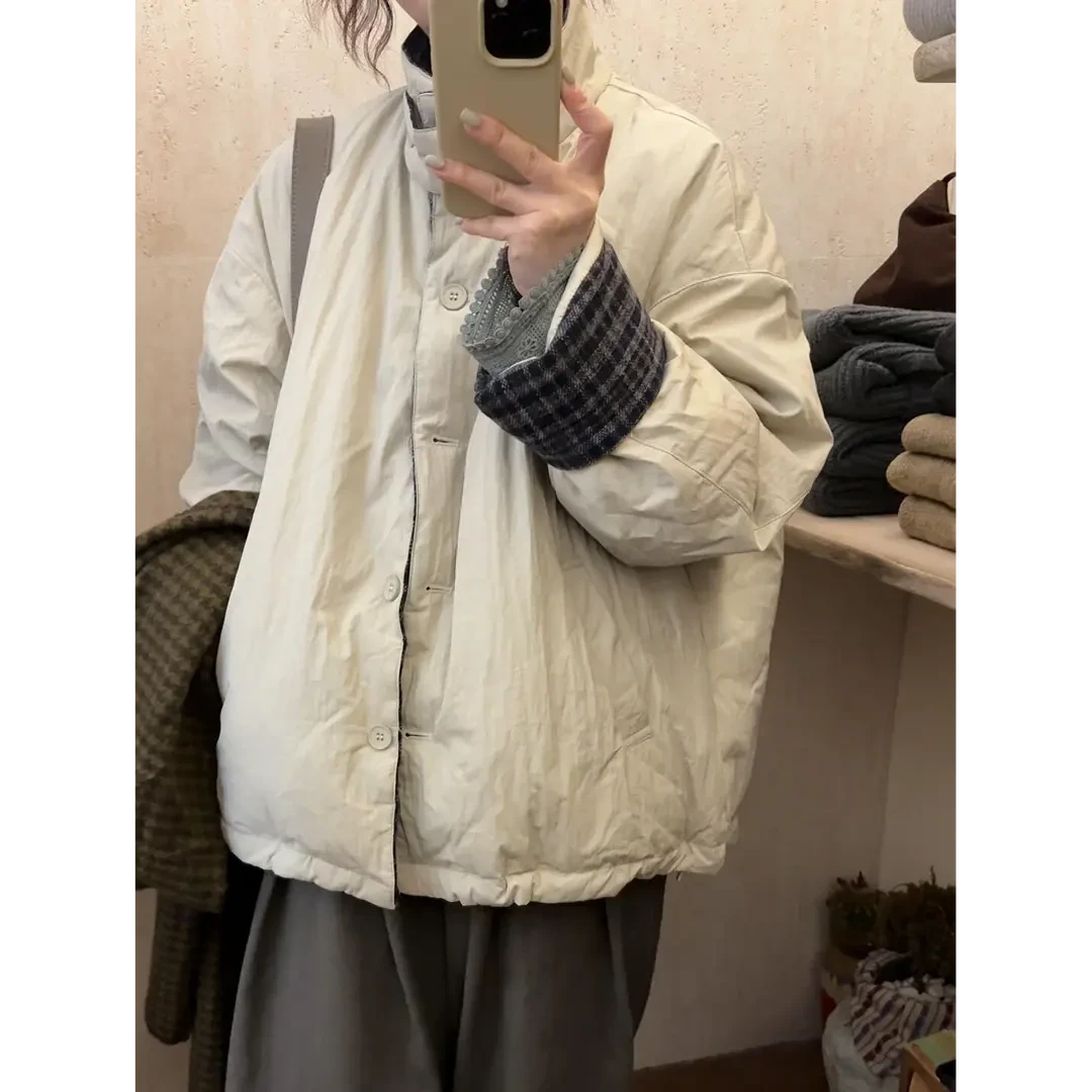 韩系穿搭设计感格子立领棉服外套上衣秋冬新款小众炸街高级感女装