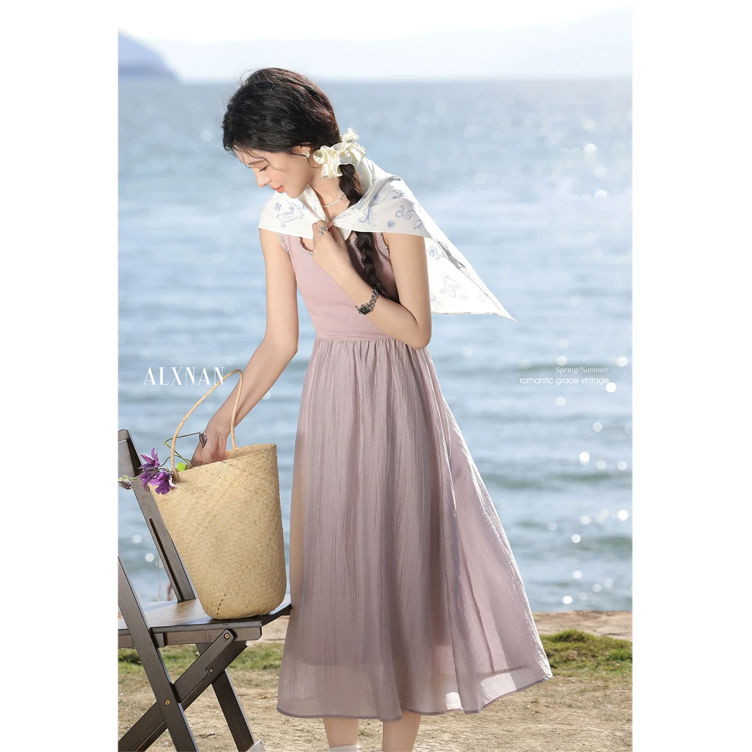 鹿向南「白玉紫芝」浅紫色仙气显瘦裙子黑色上衣两件套L52926