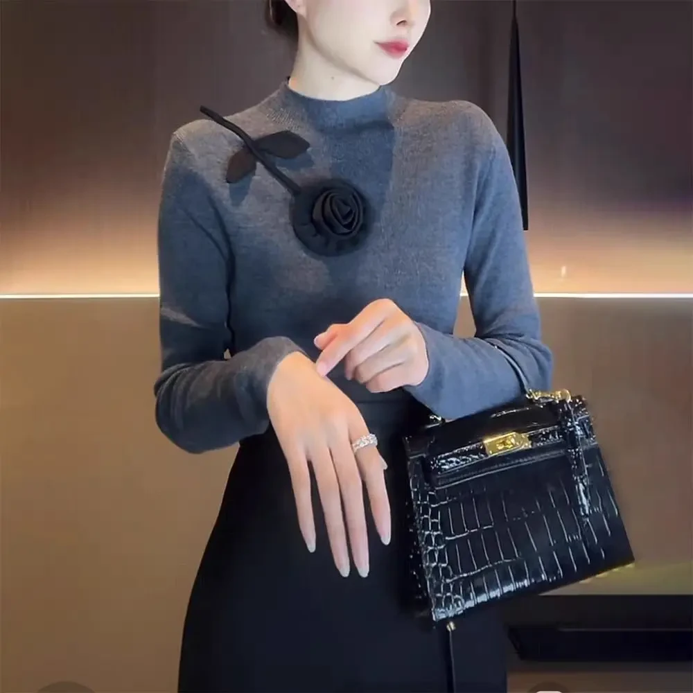 (长袖秋冬款)设计师气质针织花朵常女毛针织衫打底上衣7782# H