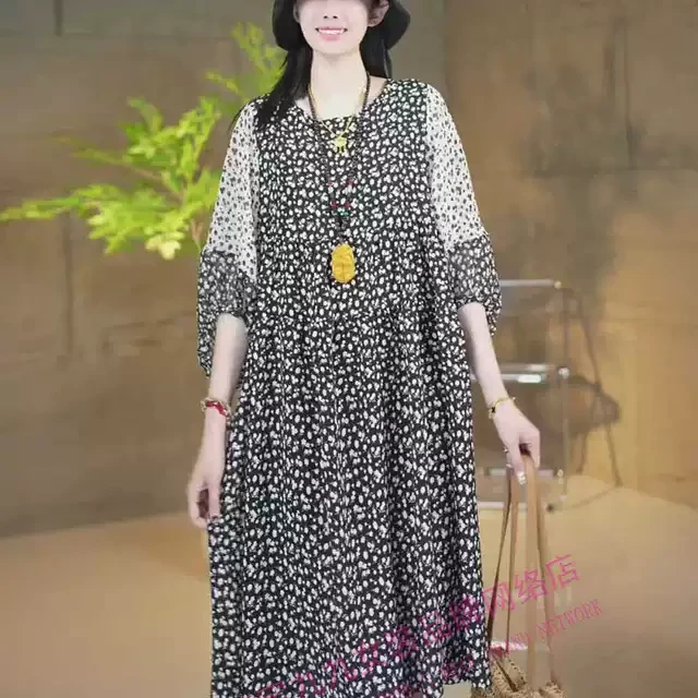 夏季新款显瘦碎花时尚连衣裙遮肚子宽松大码气质拼接中长款裙子