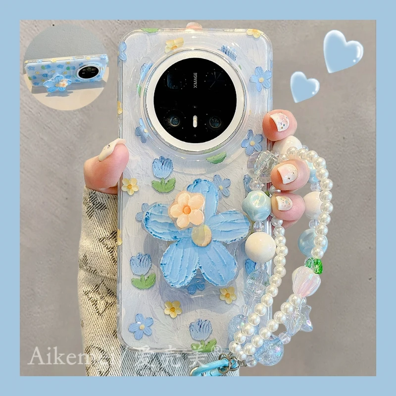 适用华为mate70pro+手机壳夏日郁金香mate60pro+花朵旋转支架链条