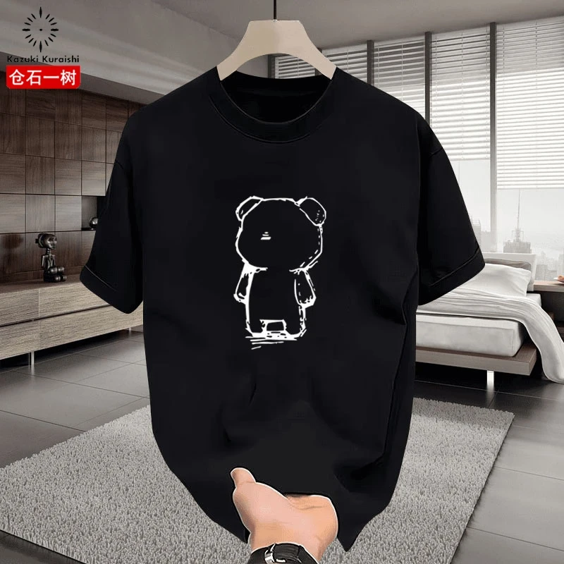 仓石一树小熊黑色短袖T恤男士夏季新款印花百搭ins潮牌情侣装半袖