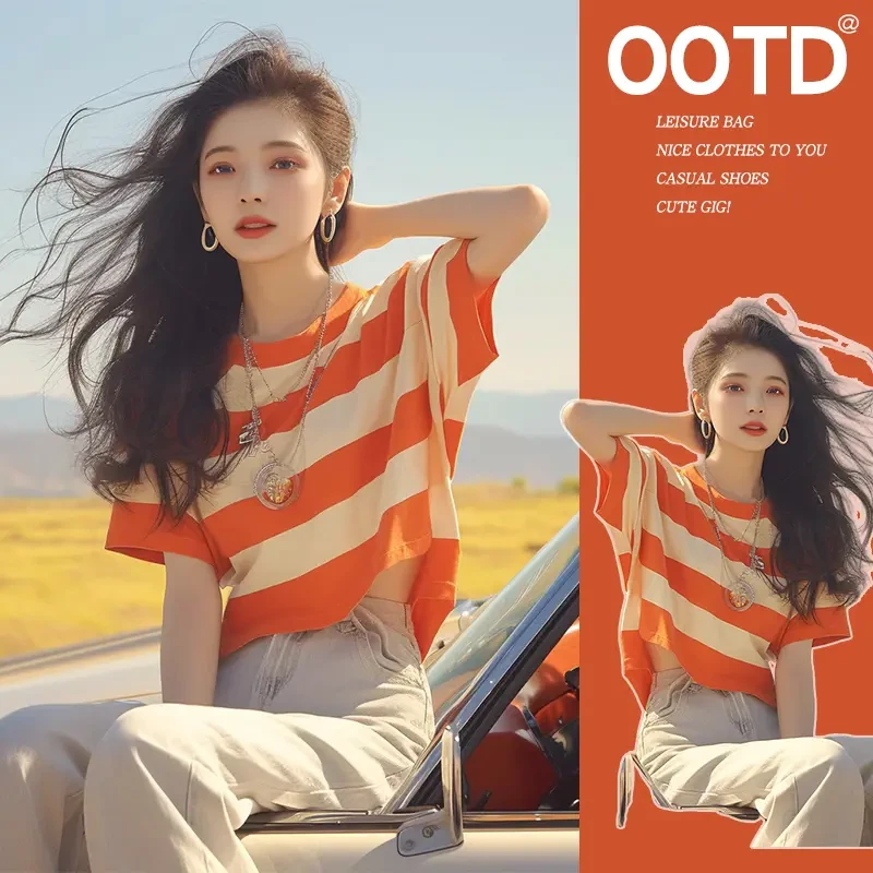 春夏独特别致港风chic宽松通勤上衣设计感小众撞色条纹短袖T恤女